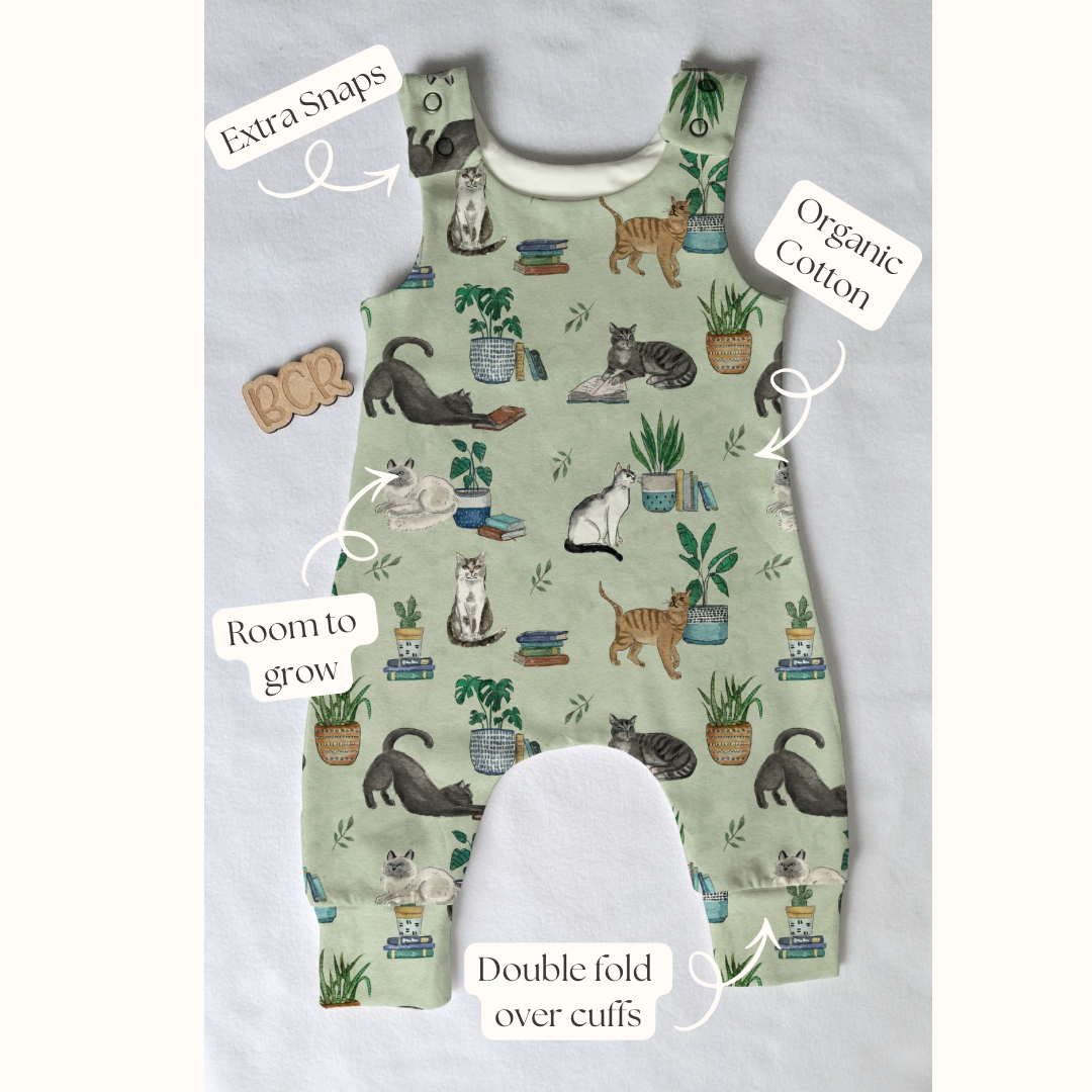 Handmade organic cotton cats baby romper UK