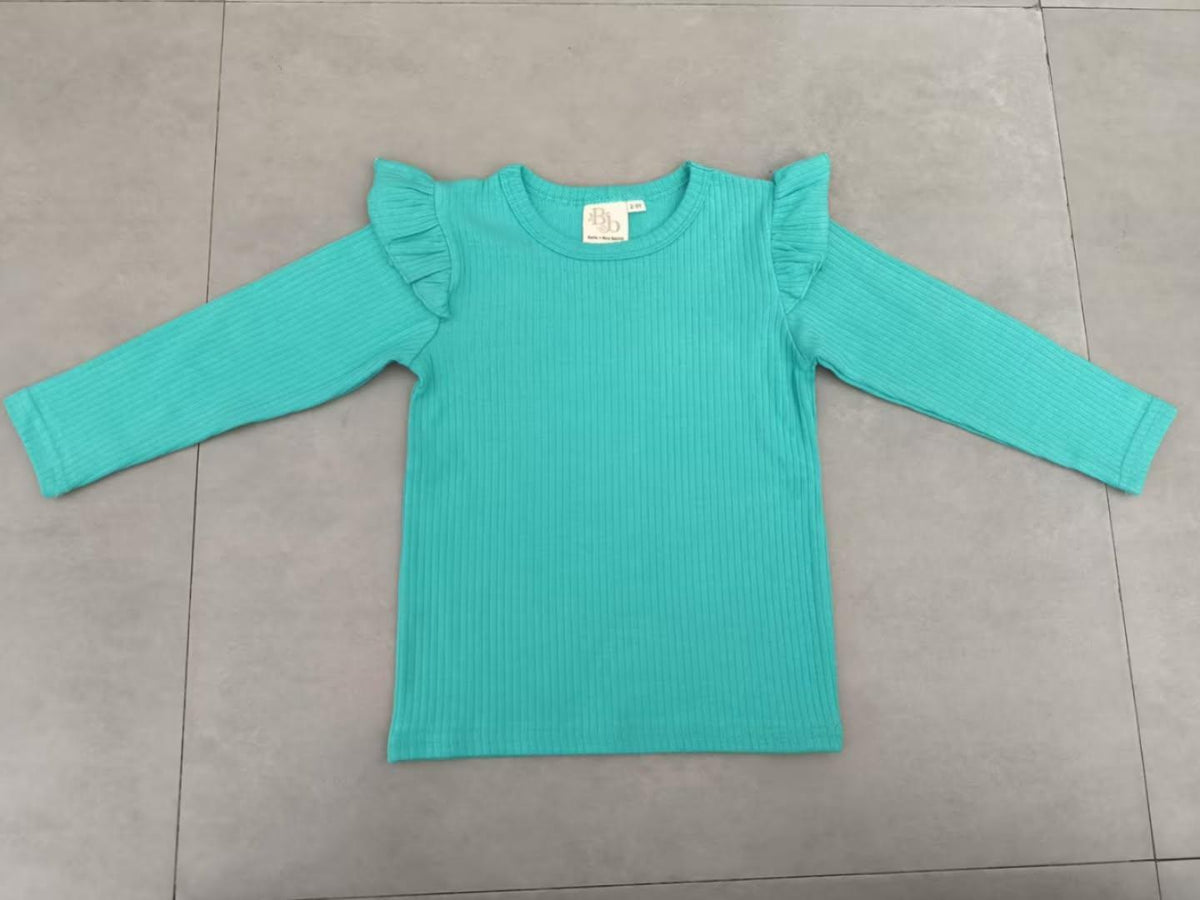 PREORDER Teal Frill Shoulder Long Sleeve Top | Organic Cotton Tee - BCR Handmade Organic Clothing