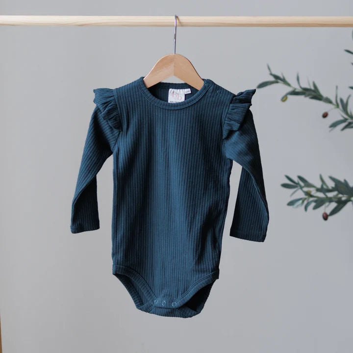 Pine Bodysuit Frill Shoulder | Belle & Bea Basics Organic Cotton | Embroidered Christmas Baby Clothes - BCR Handmade Organic Clothing