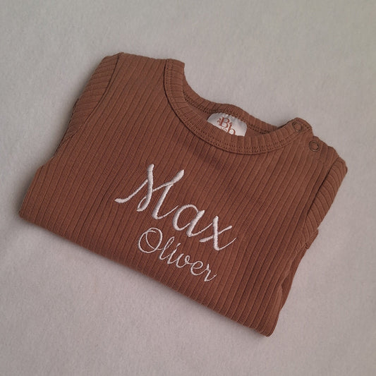 Personalised Embroidered Organic Newborn Baby Bodysuit | Custom Surname Baby Gift | Newborn Keepsake Going Home Outfit | Frill or Neutral Ribbed Knit - BCR Handmade Organic Clothing