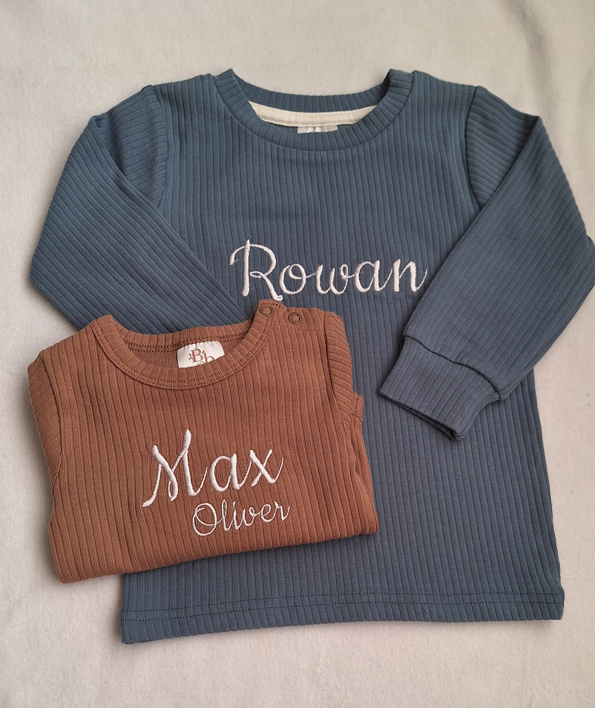 Personalised Embroidered Organic Newborn Baby Bodysuit | Custom Surname Baby Gift | Newborn Keepsake Going Home Outfit | Frill or Neutral Ribbed Knit - BCR Handmade Organic Clothing