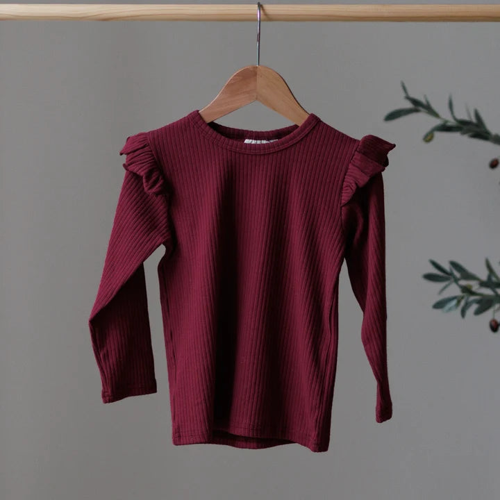 Burgundy Top Frill Shoulder | Belle & Bea Basics Organic Cotton | Embroidered Christmas Childrens Clothes - BCR Handmade Organic Clothing