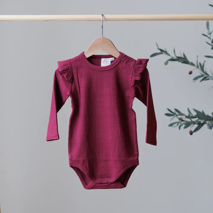 Burgundy Bodysuit Frill Shoulder | Belle & Bea Basics Organic Cotton | Embroidered Christmas Baby Clothes - BCR Handmade Organic Clothing