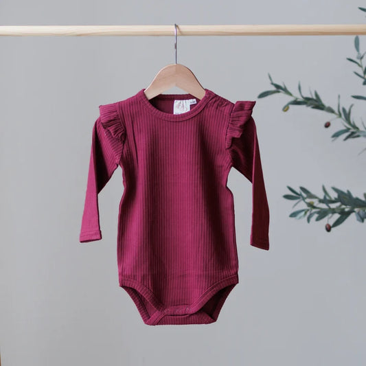 Burgundy Bodysuit Frill Shoulder | Belle & Bea Basics Organic Cotton | Embroidered Christmas Baby Clothes - BCR Handmade Organic Clothing
