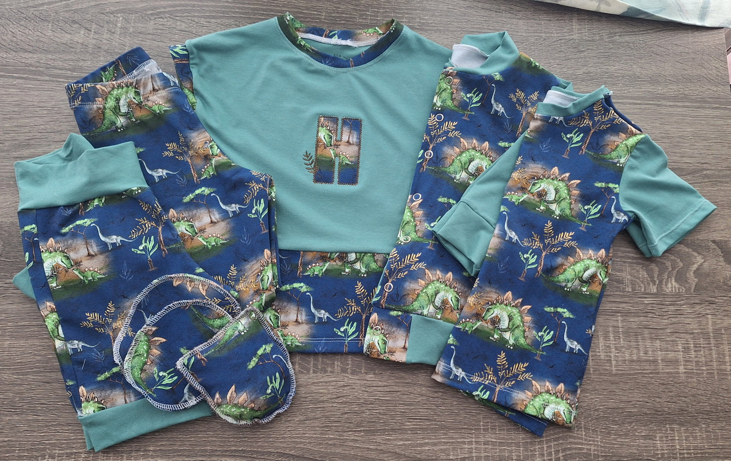 Dinosaur print handmade organic children's clothing personalised inital emrboidery