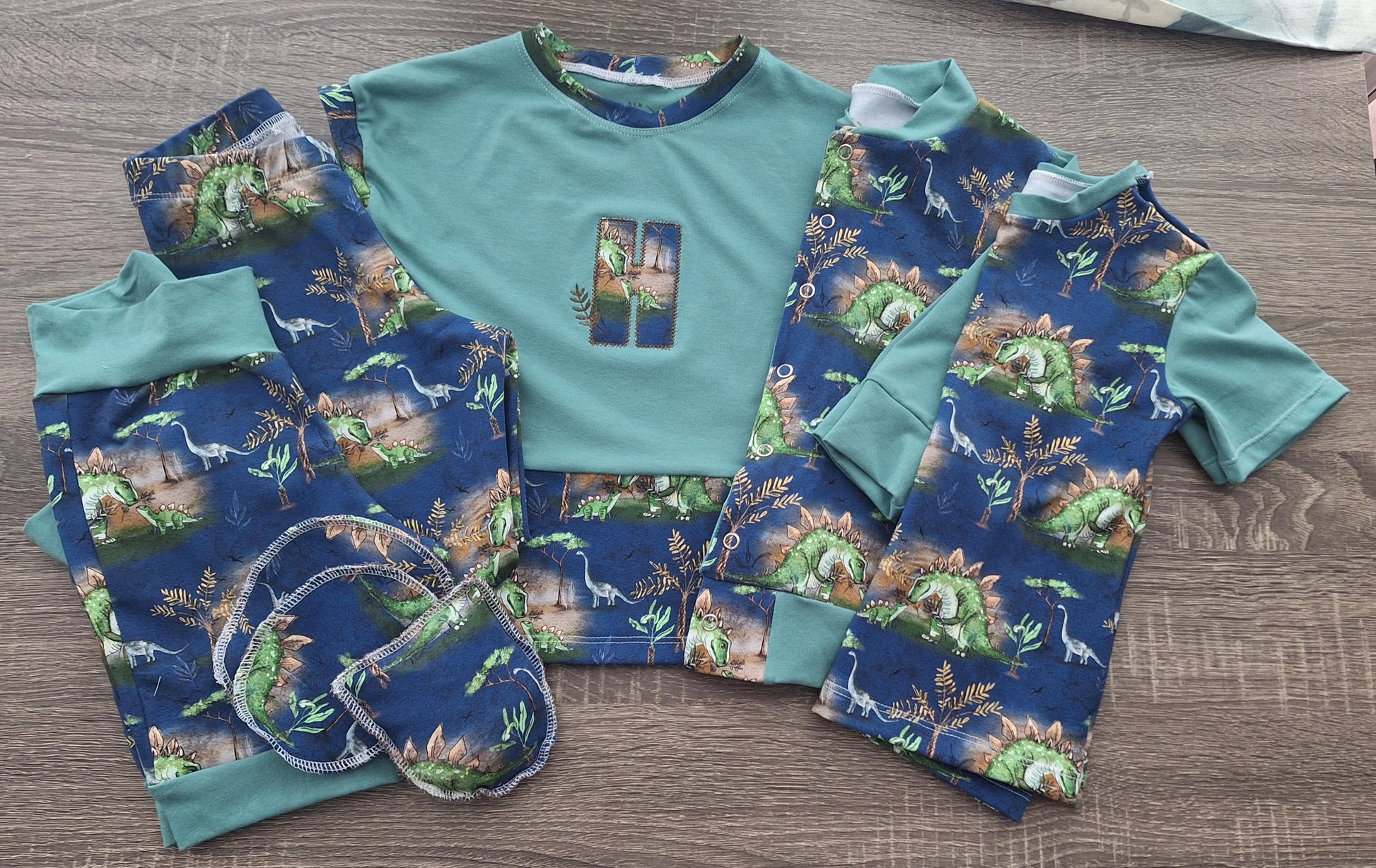 Dinosaur print handmade organic children's clothing personalised inital emrboidery