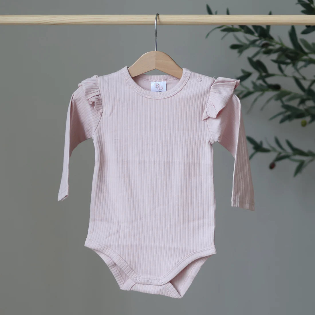 Dusty Pink Organic Ribbed Long Sleeve Frill Bodysuit - BCR Handmade Organic Clothing