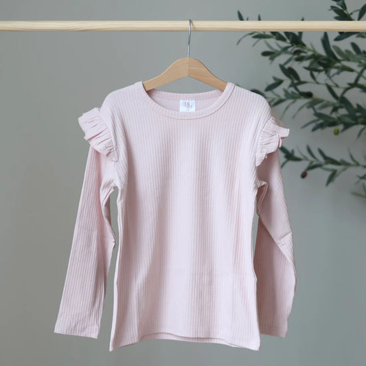 Dusty Pink Organic Ribbed Long Sleeve Frill Top - BCR Handmade Organic Clothing