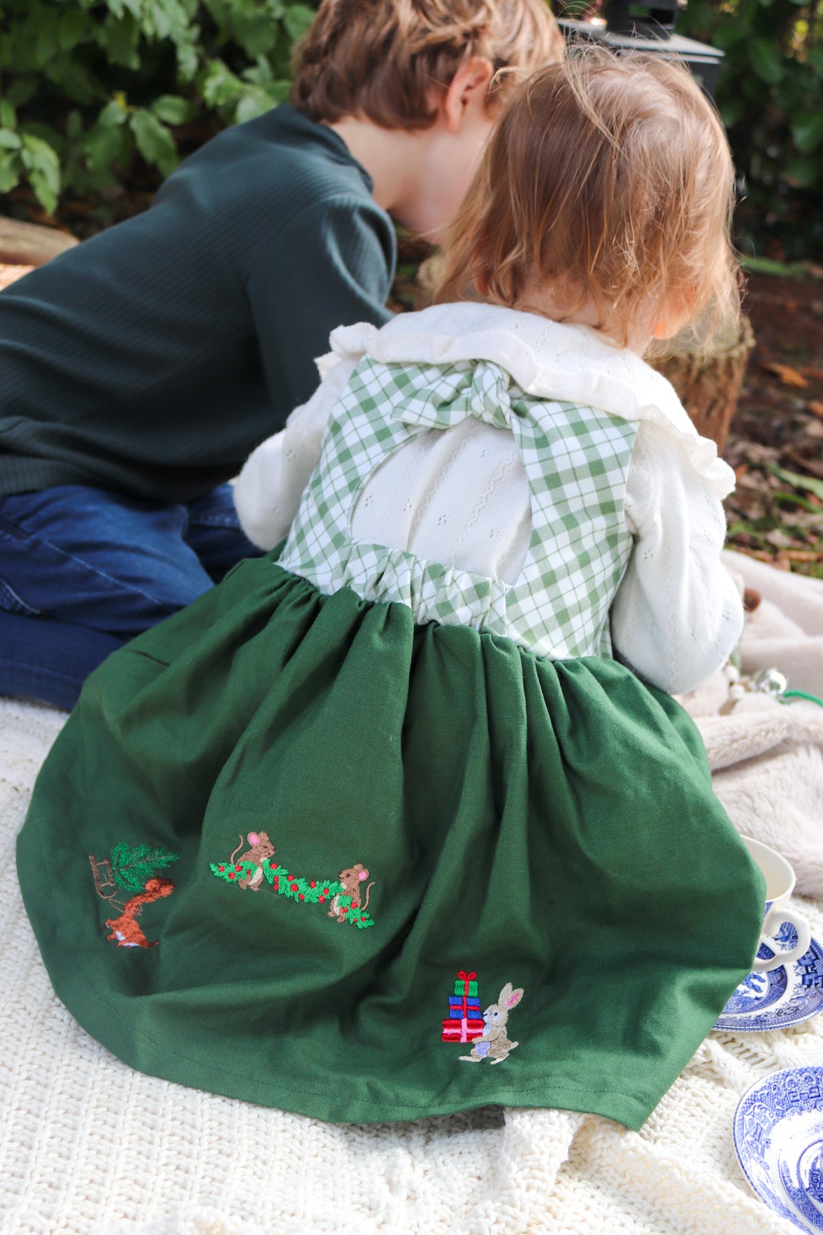 Embroidered Bow Back Dress | Bear Stitched Christmas Edition | Baby & Toddler Clothing - BCR Handmade Organic Clothing
