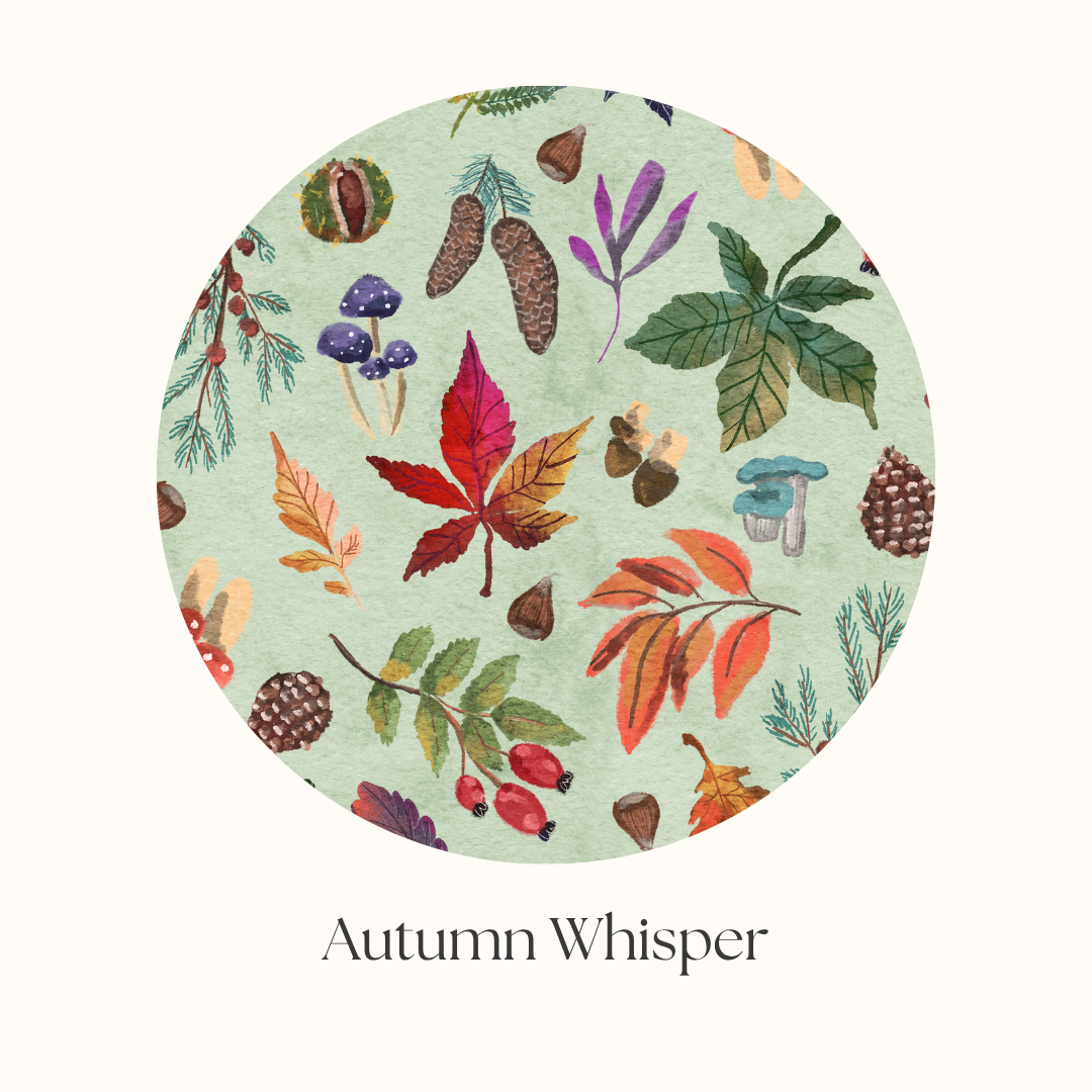 organic cotton fabric with autumn leaves, pinecones, mushrooms and acorns
