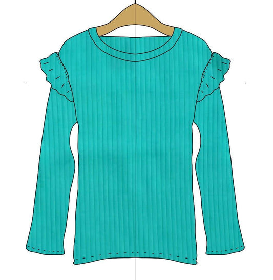 PREORDER Teal Frill Shoulder Long Sleeve Top | Organic Cotton Tee - BCR Handmade Organic Clothing
