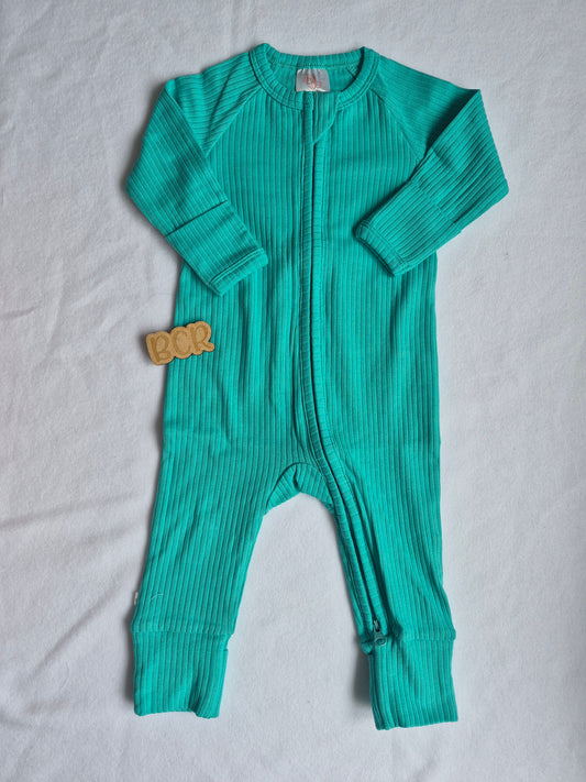 Long Footless Sleepsuit with two way zip, organic cotton in teal colour
