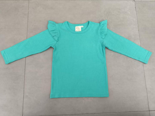 PREORDER Teal Frill Shoulder Long Sleeve Top | Organic Cotton Tee - BCR Handmade Organic Clothing
